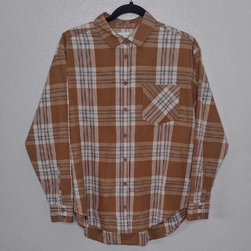 Garnet Hill Womens Button-up Shirt Slv Cotton Plaid Brown Western Cowgirl Sz 6